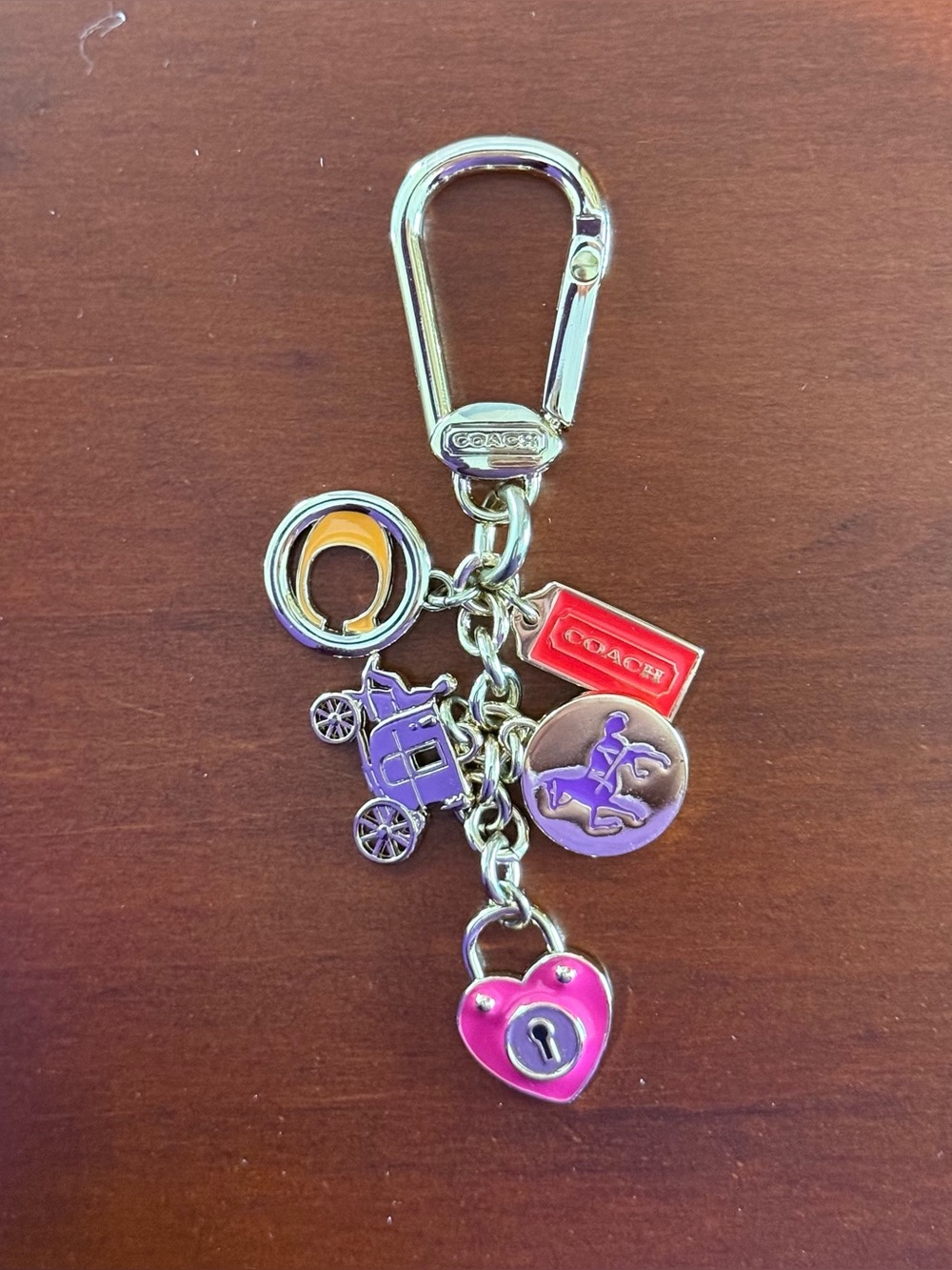 Coach Charm Keychain Clip Horse & Carriage Pink Heart Lock Gold Tone Accessory